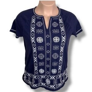 Fitted XL Lucky Brand Navy Blue White Embroidered Short Sleeve Top Boho Bohemian